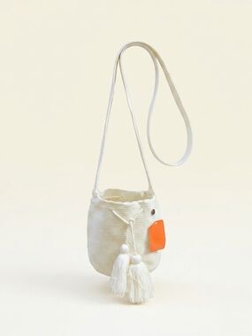Cream Woven Bucket Crossbody Bag with Tassels and Orange Tag